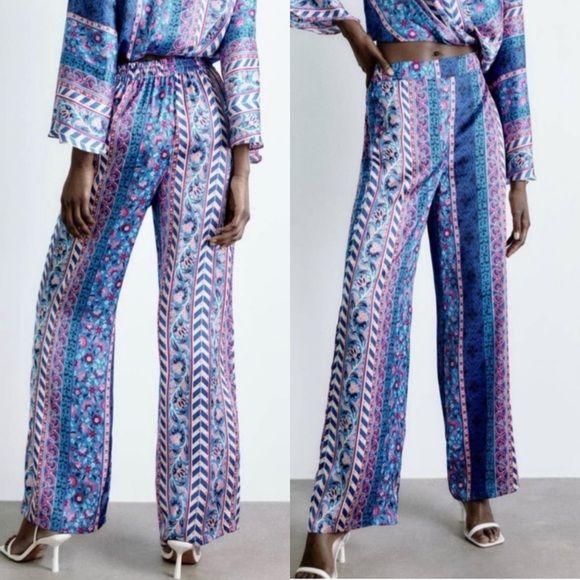 π¦ ZARA BOHO BLUE MULTI TRIBAL SATIN WIDE LEG HIGH WAIST PANTS! - Picture 7 of 16